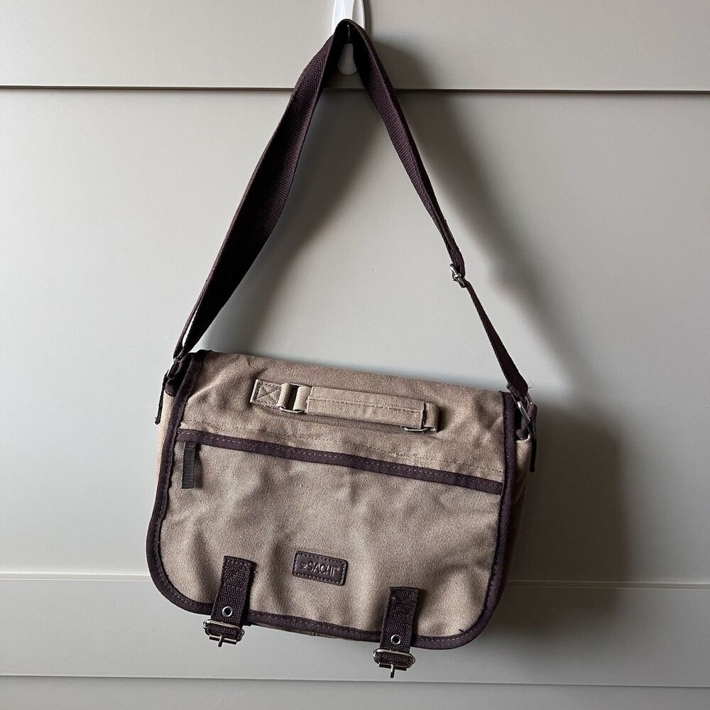 Sachi Crossbody‎ Insulated Zippered Lunch Tote Messenger Bag Brown Canvas *FLAW